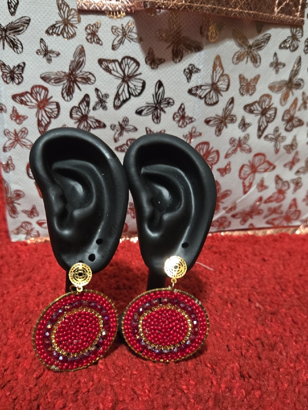 Gold and Red Beaded Circle Drop Earrings - Women Jewelry